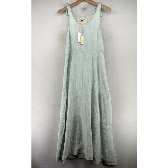 Cupio Dresses & Skirts - CUPIO Dress XS BLUSH Cotton Crinkled Gauze Tank Tiered Maxi Sleeveless Blue NEW